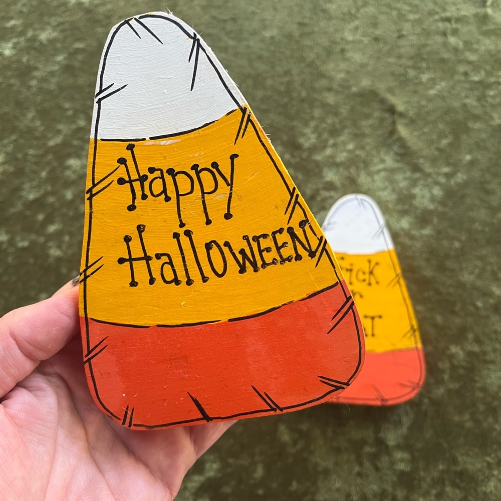Fall Candy Corn Autumn Wooden Halloween 2pc Home Decor Trinkets - Picture 5 of 6